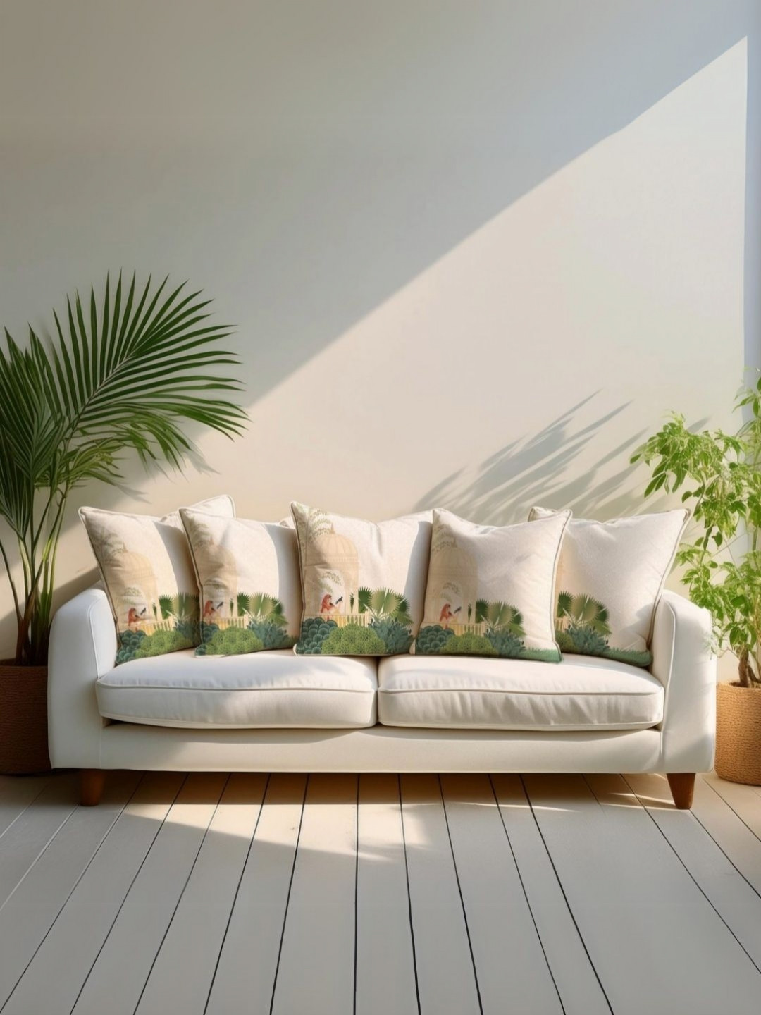 LUSHLYF White & Green 5 Pieces Royal Balcony Printed Velvet Square Cushion Covers