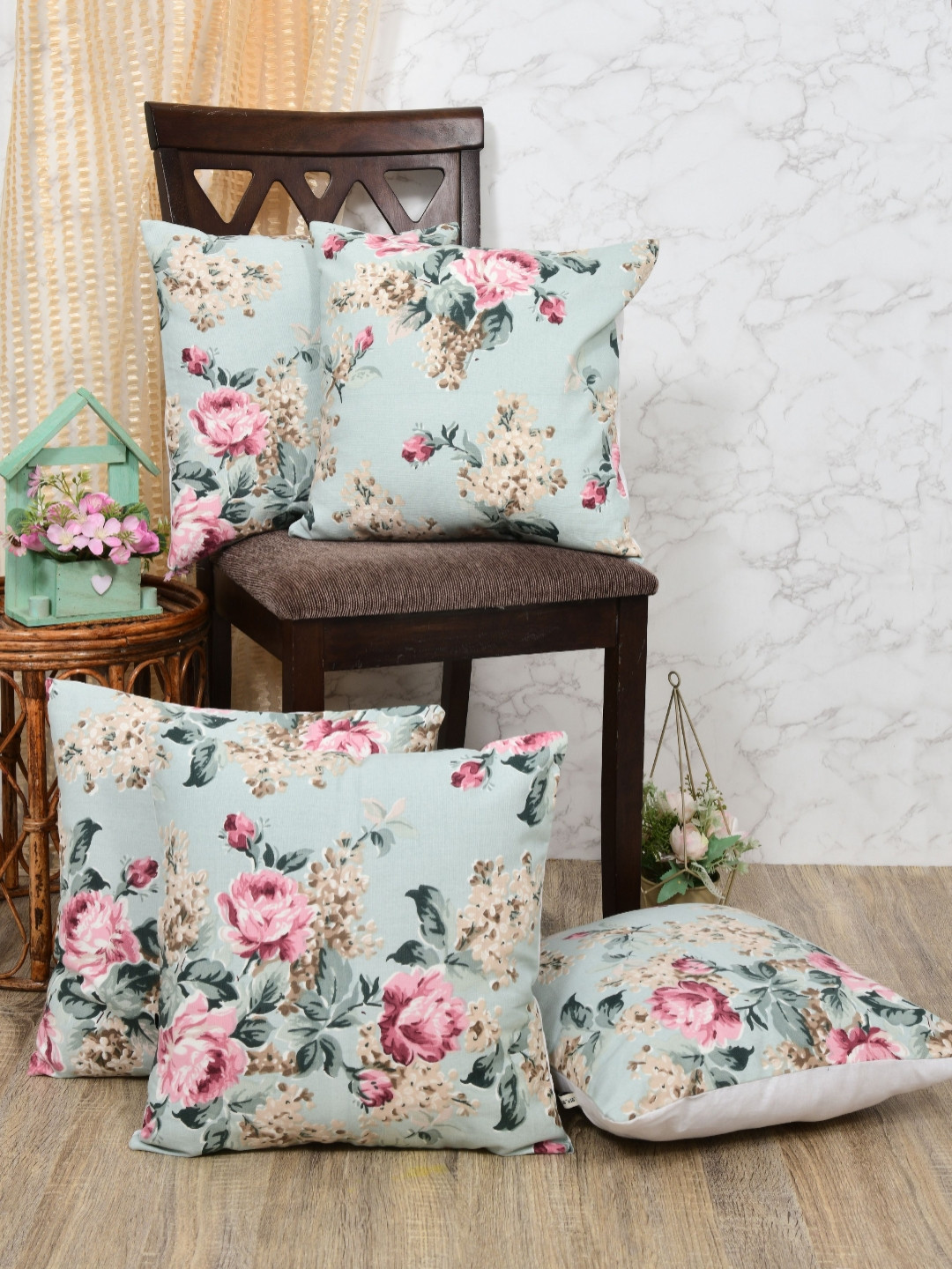 Clasiko Floral Embrace Green Floral Cotton Breathable 5 Pcs Square Cushion Covers -24x24In