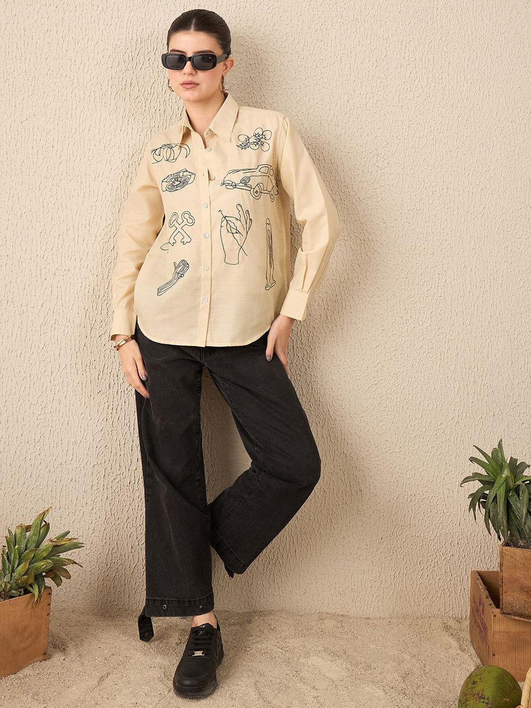 Uptownie Doodle Embroidered Linen Shirt