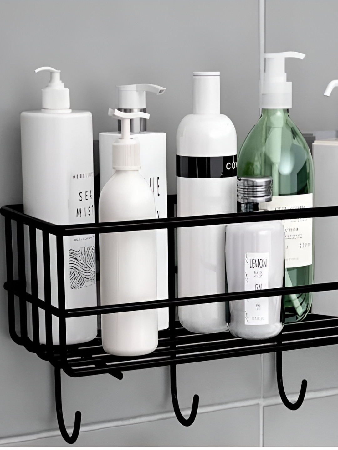 upkaranwale Black Shelf With 4Hooks Wall Mount Bathroom Caddy