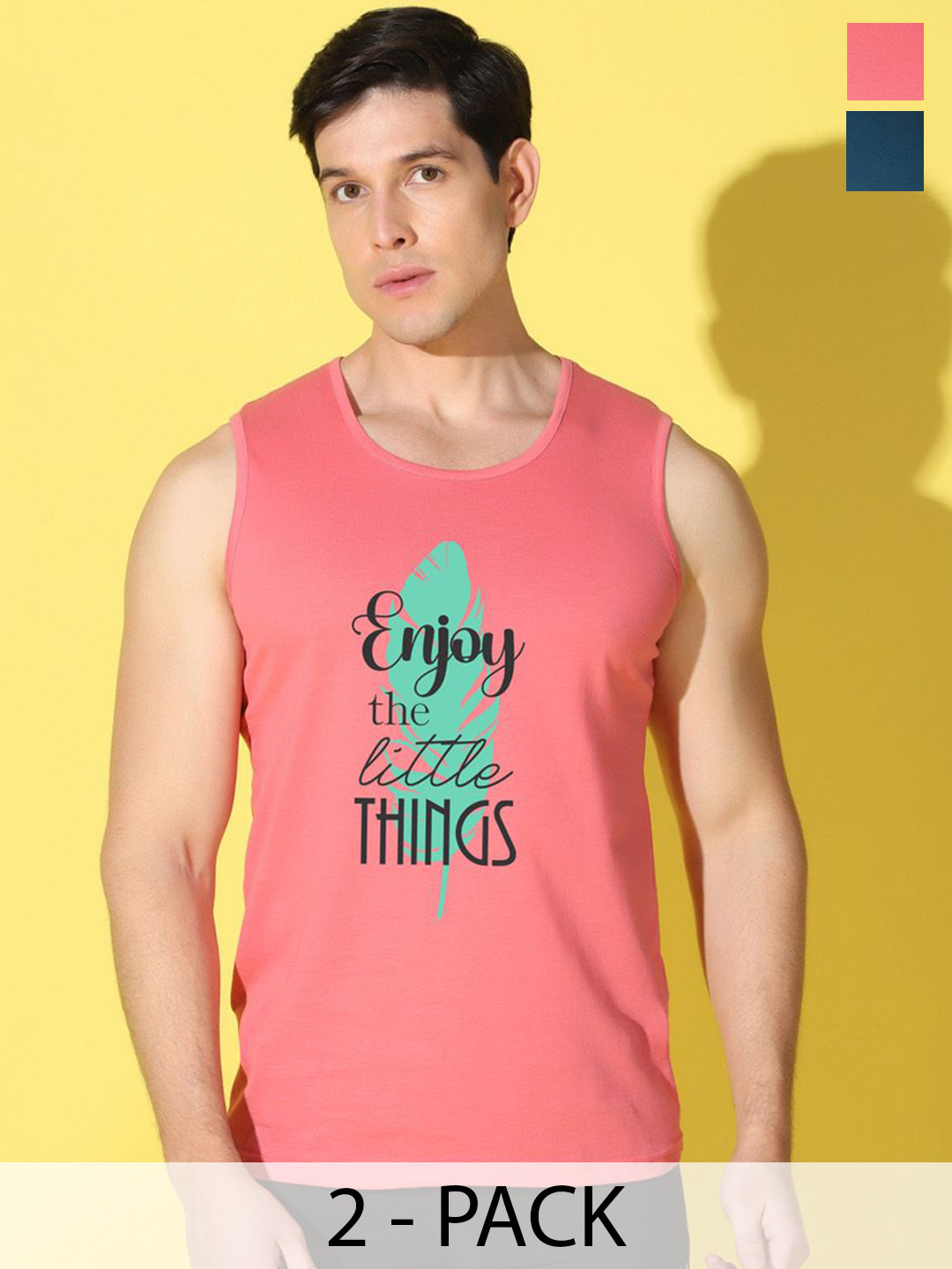 WOOSTRO 2-Pc Printed Combed Cotton Innerwear Vests VWS26(ENJOY PEACH)(BKLN MUSTARD)