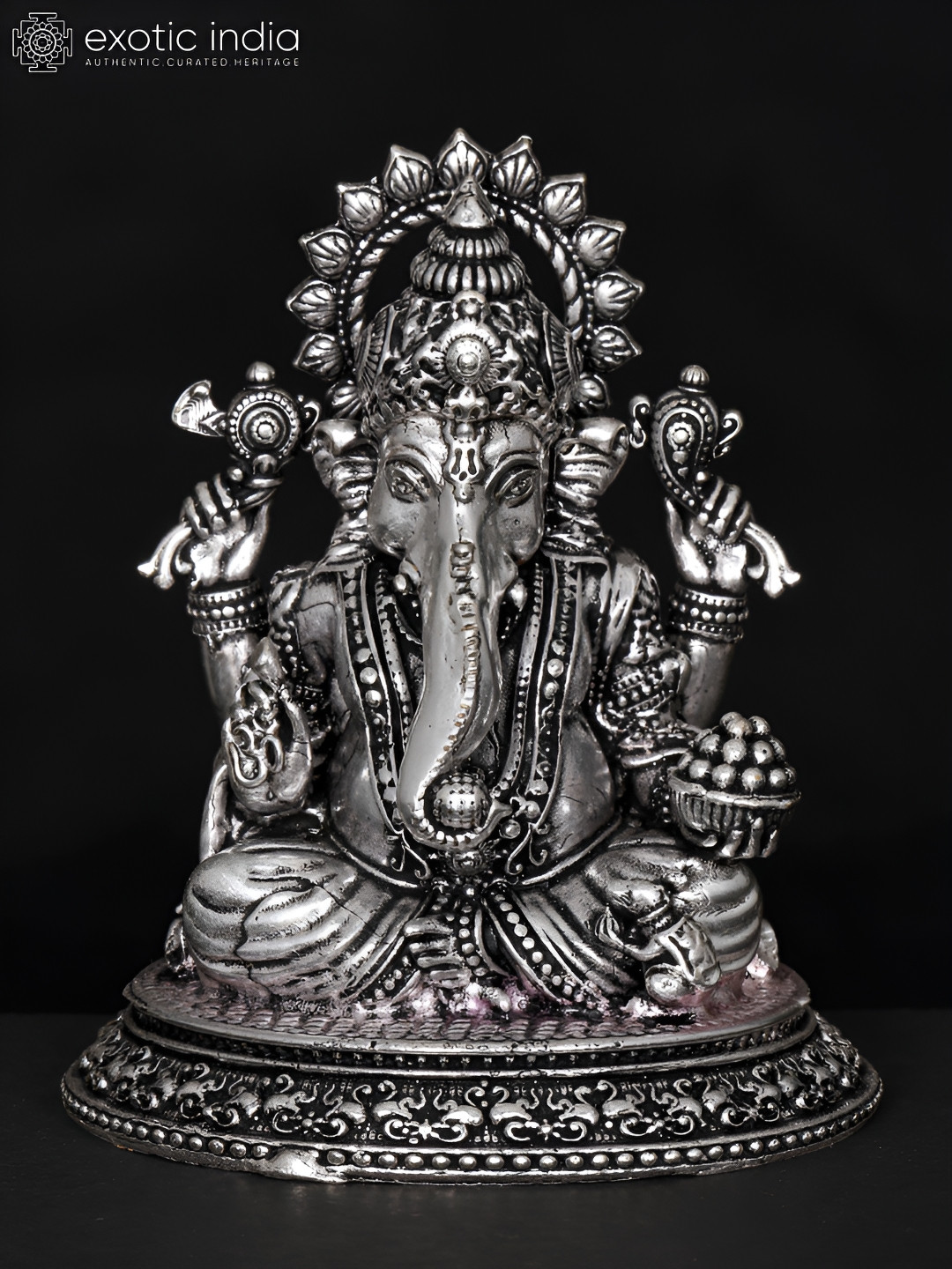 Exotic India Lord Ganapati Silver Brass Metallic Prayer Room Tiny Showpiece - 3.5 Inches