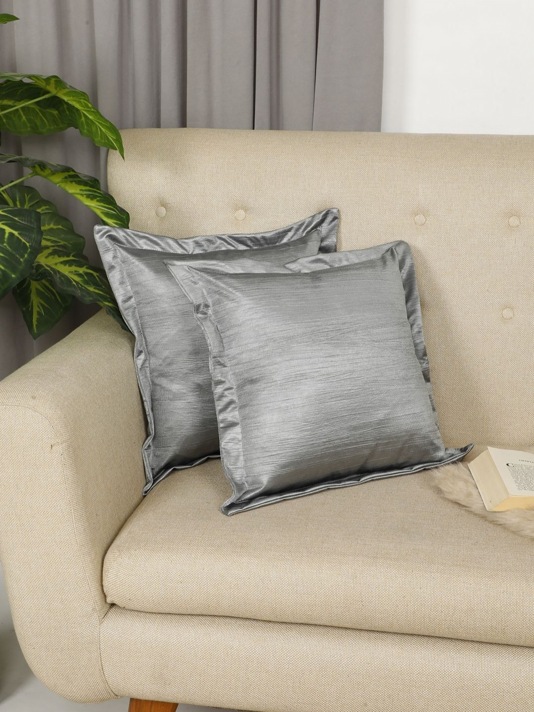 THE CONVERSION Grey Polyester Silk Anti-Wrinkle 2 Piece Square Cushion Covers -16x16In