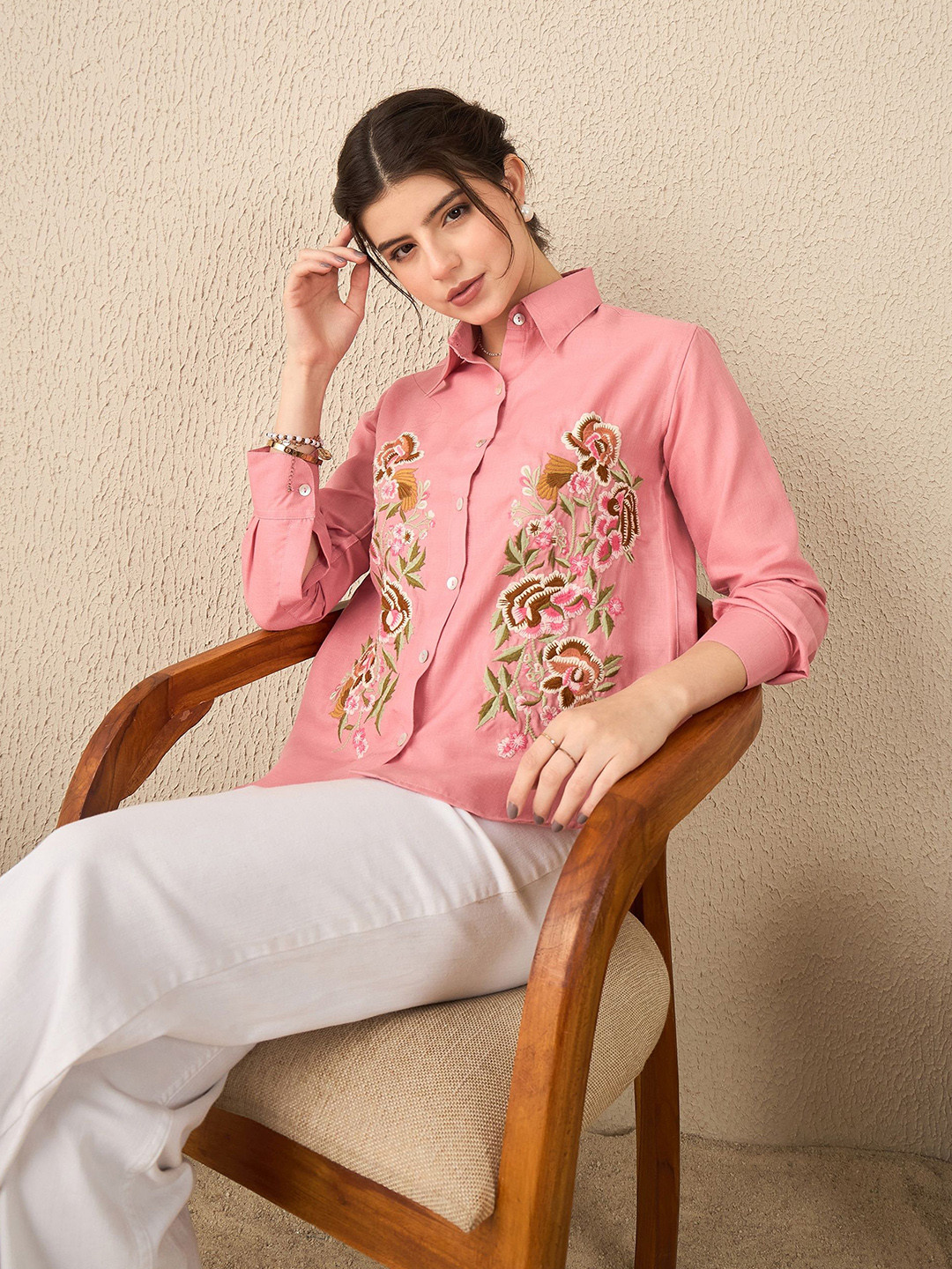 Uptownie Floral Embroidered Cotton Shirt