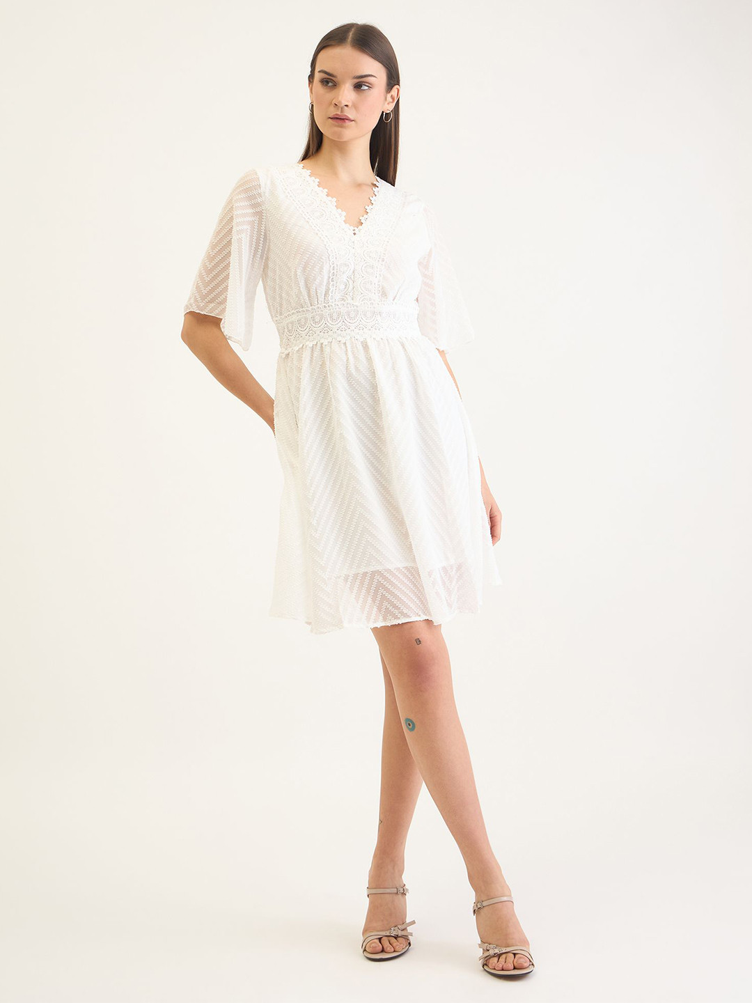 ELLE Embroidered Kimono Sleeve Fit & Flare Dress
