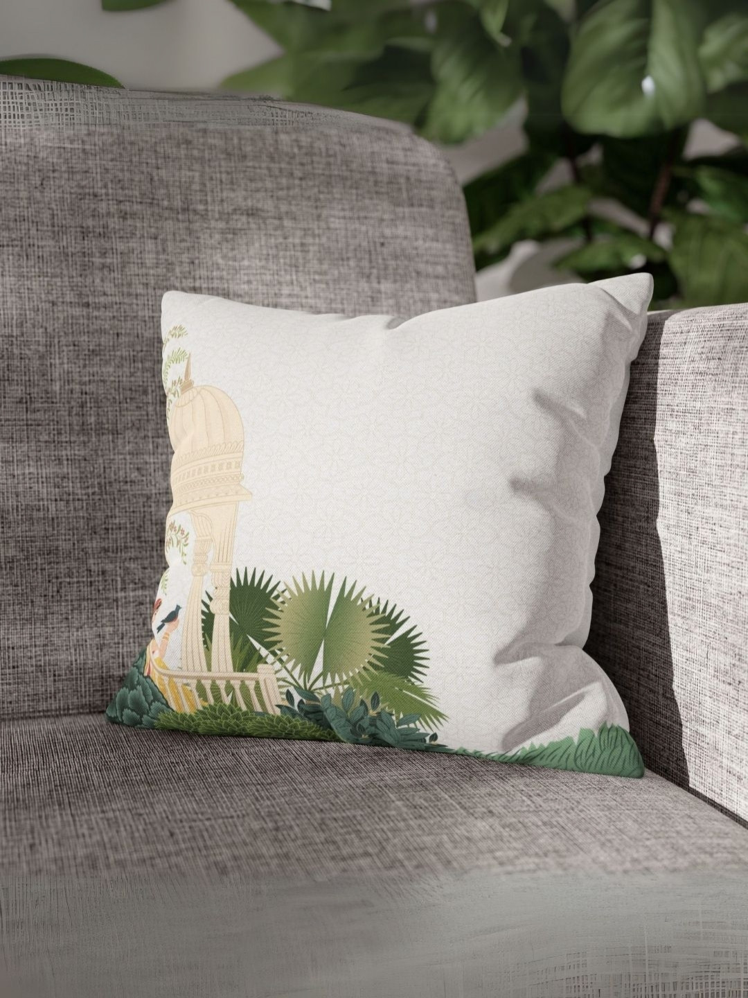LUSHLYF White & Green Royal Balcony Printed Velvet Square Cushion Cover