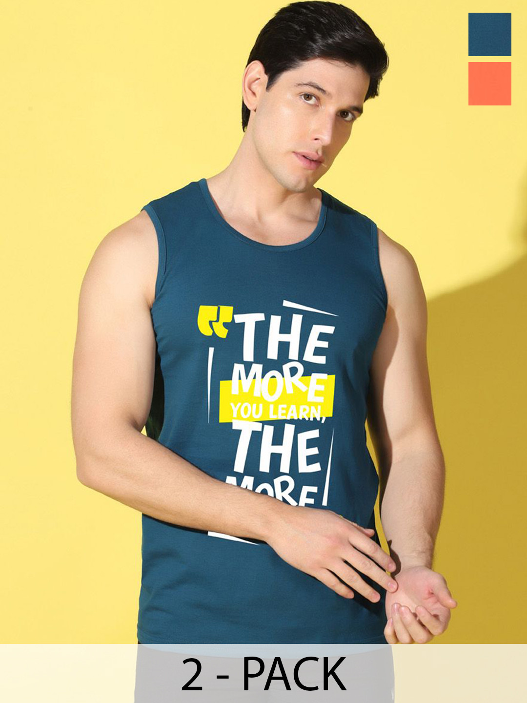 Woostro Pack Of 2 Printed Combo Cotton Scoop Neck Gym Vests VWS26(MORE PEACOCK)(PLAIN ORAN