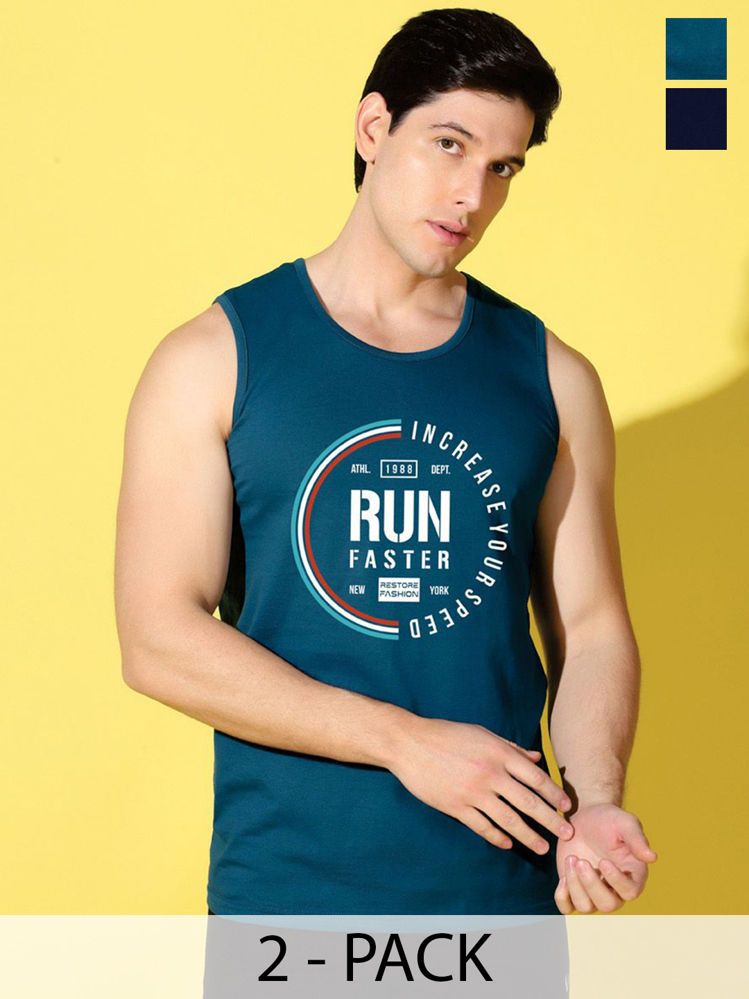 WOOSTRO 2-Pc Printed Odour-Free Cotton Innerwear Vests VWS26(RUN PEACOCK)(ALONE NAVY)