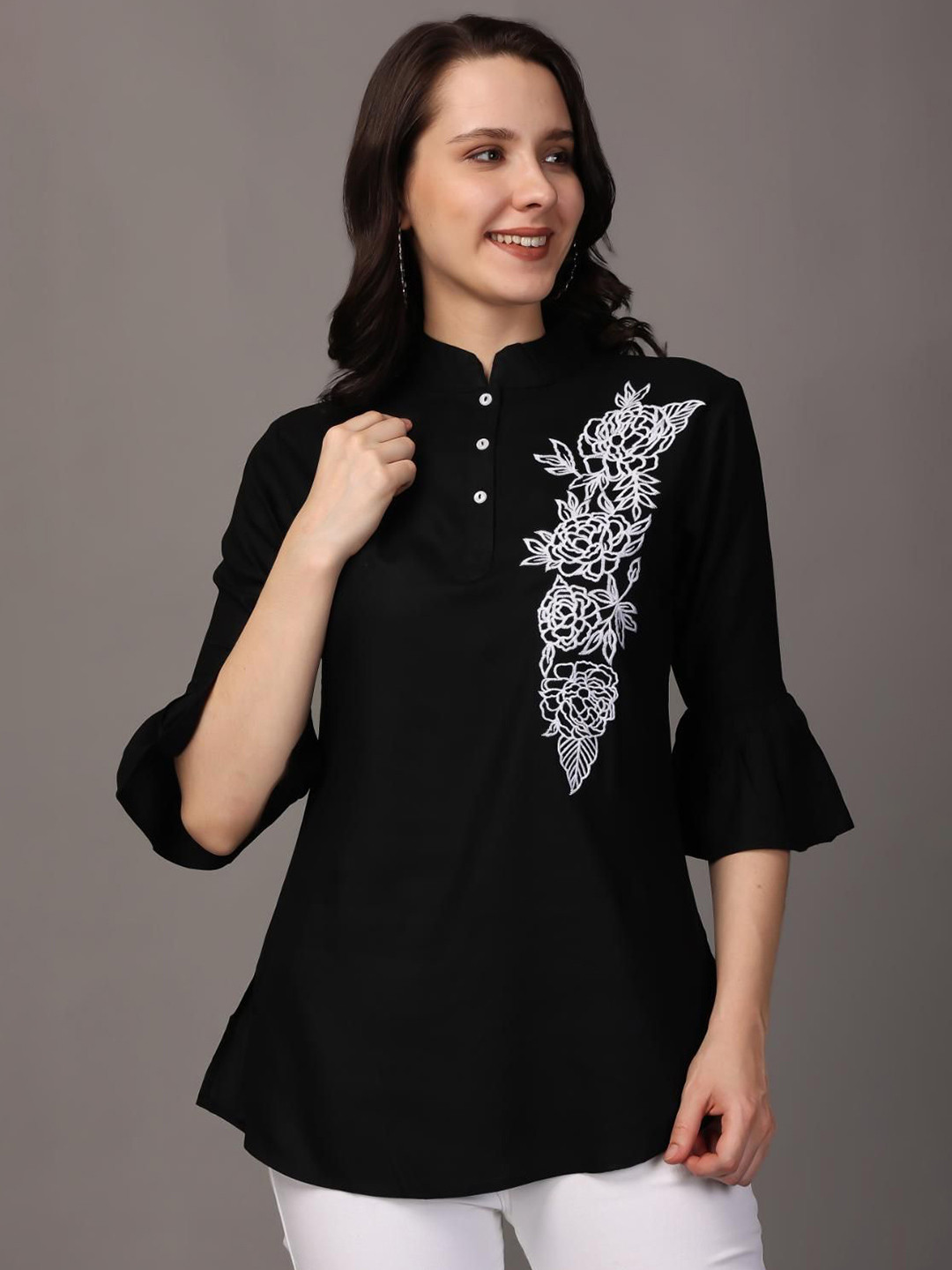 Black Floral Embroidered High Neck Bell Sleeve Top