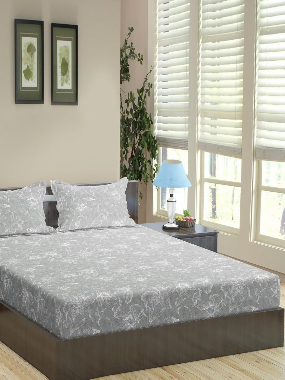 Trance Home Linen Grey Floral Cotton 144 TC Fitted Single Bedsheet with 2 Pillow Covers-198 x 107 cm