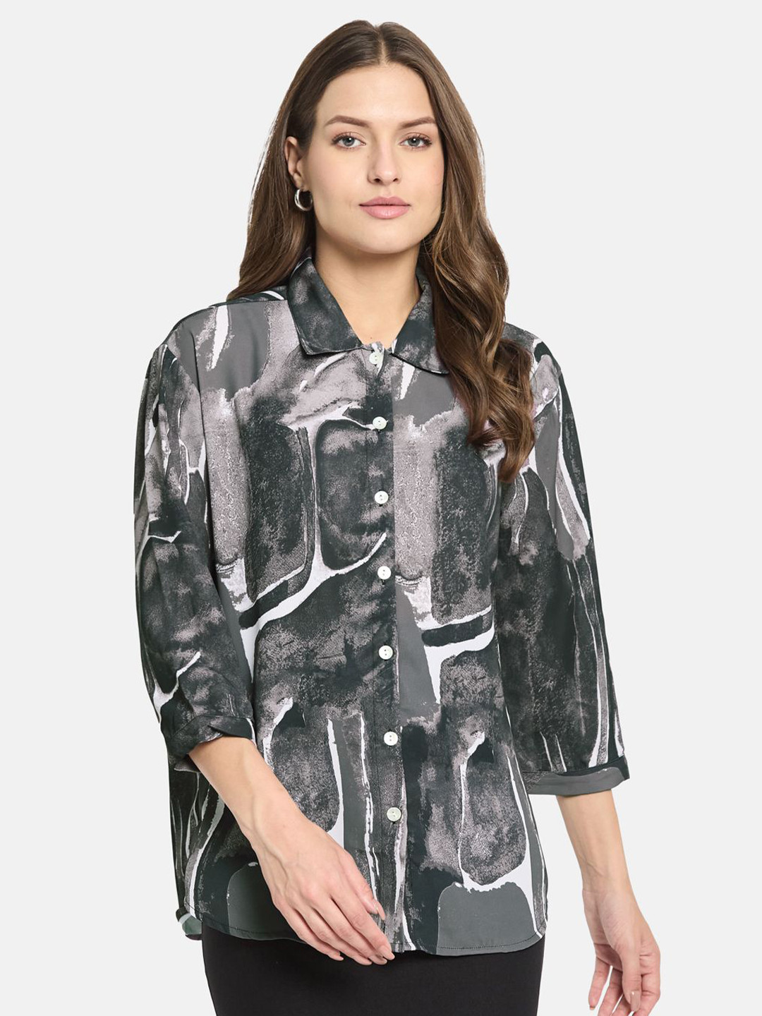 METTLE ss25 Women Abstract Printed Cuffed Sleeves Cotton Shirt Style Top