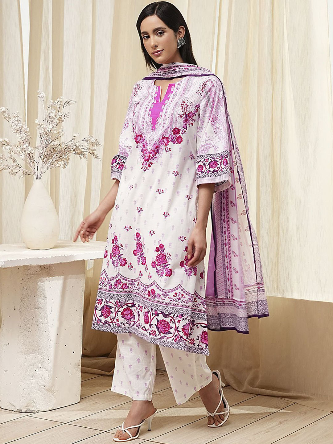 Biba Ethnic Motifs Printed Pure Cotton Kurta With Palazzos & Dupatta