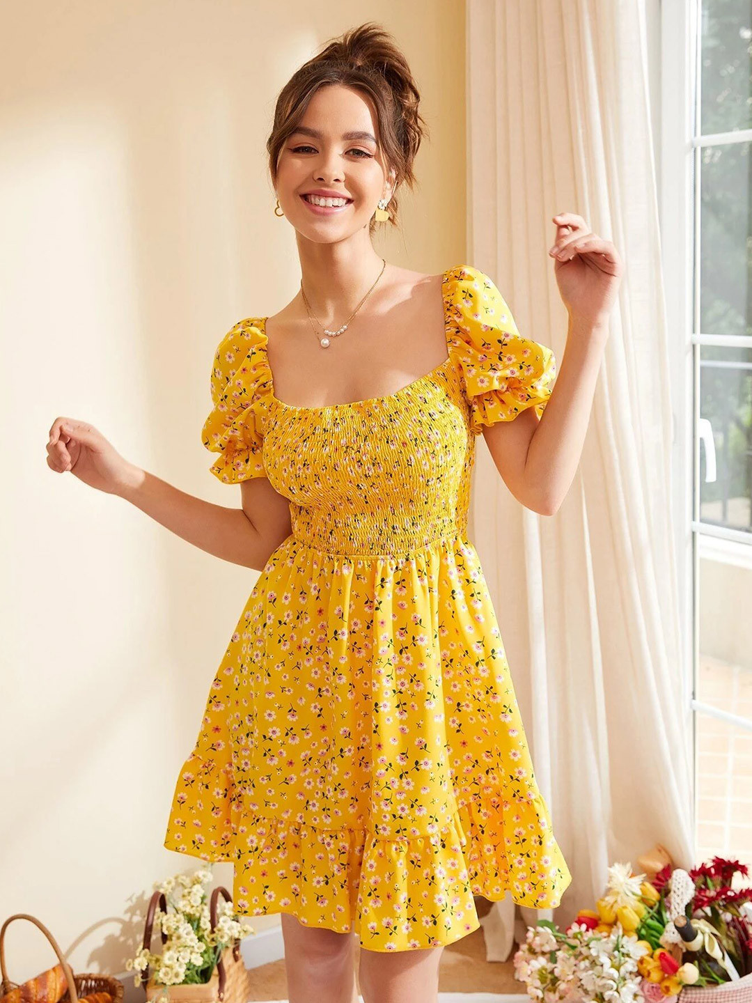 FERY LONDON Women Floral Printed  Smocked Puff Sleeves Fit & Flare Dress