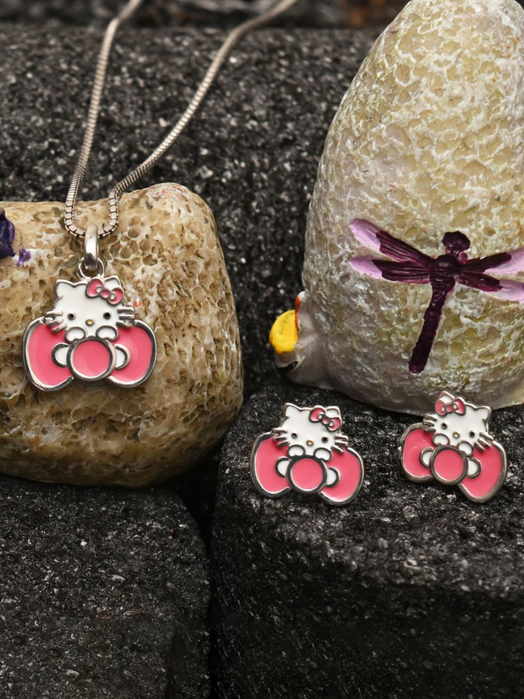 925 SILLER 925 Sterling Silver Rhodium-Plated Hello Kitty Jewellery Set