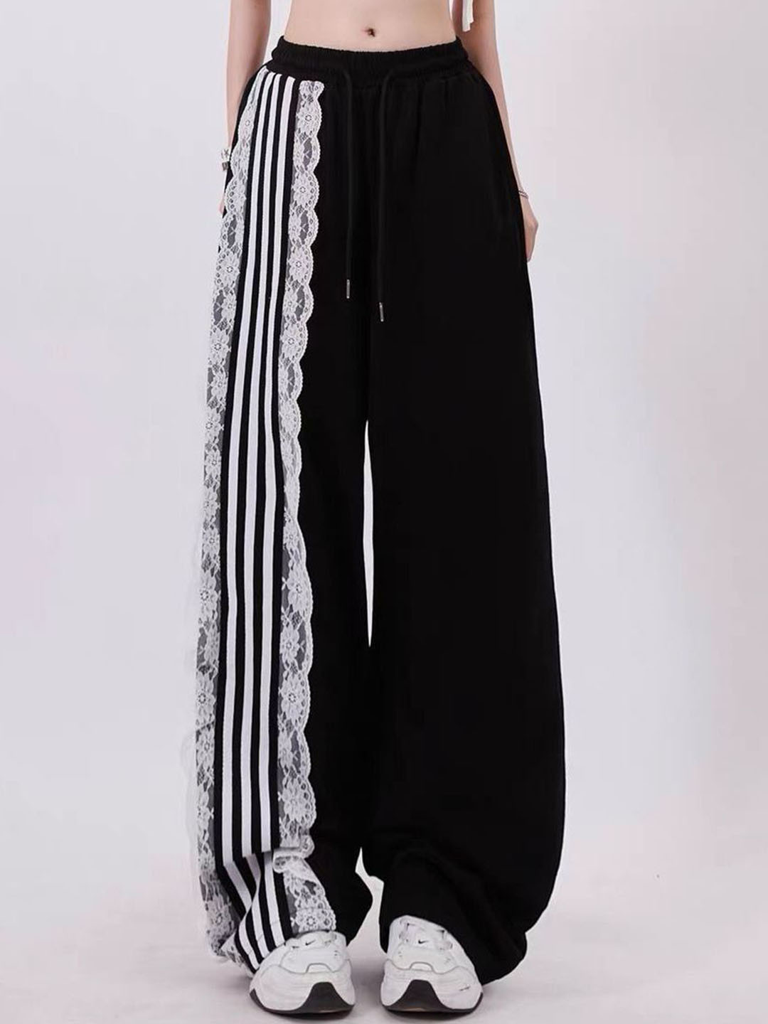 Outzidr Women Striped Mid-Rise Relaxed Fit Track Pants With Lace Detailed