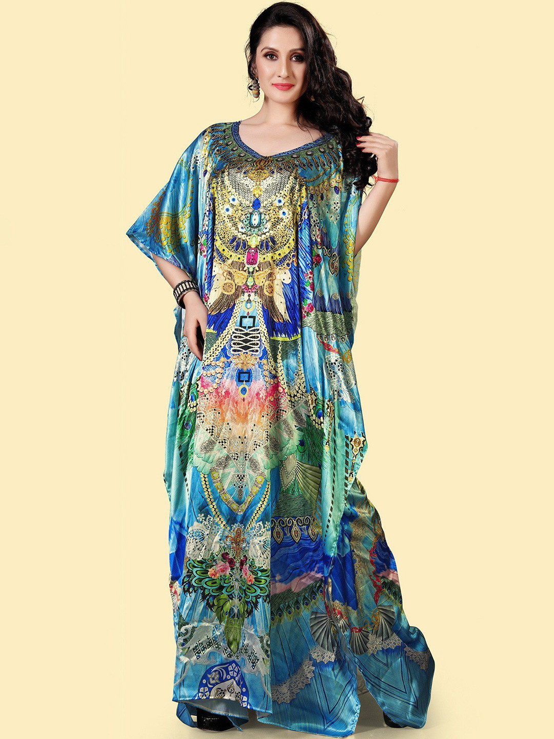 Exotic India Tropical River-Blue Printed Satin Long Kaftan with Stone Work V-Neck