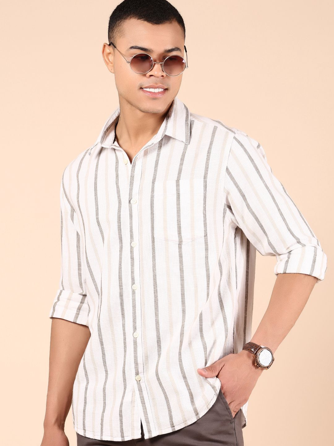 V-Mart Men Striped Chest Pocket Roll-Up Sleeves Casual Shirt