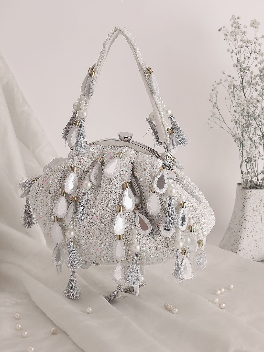 Swisni Embroidered Mirror Work Batua Shaped Clutch