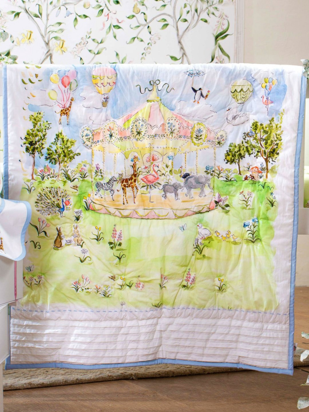THE BABY TRUNK White & Blue Cartoon Characters Egyptian Cotton 450 GSM Single Bed Quilt