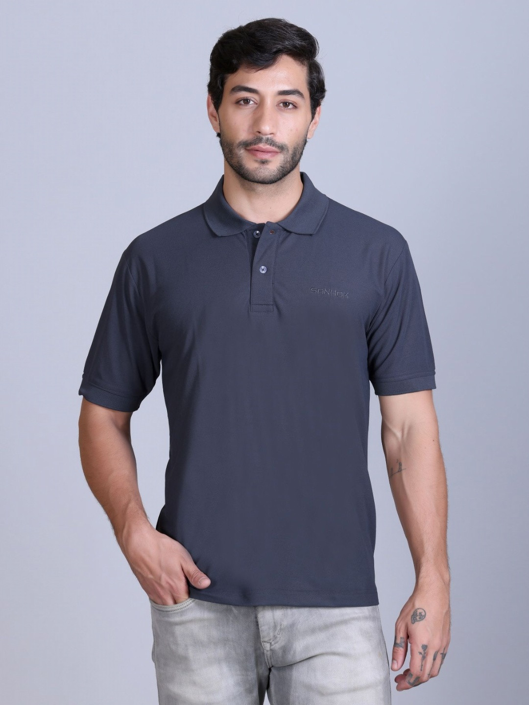 SANHOK Men Polo Collar Pure Cotton Regular Fit T-shirt