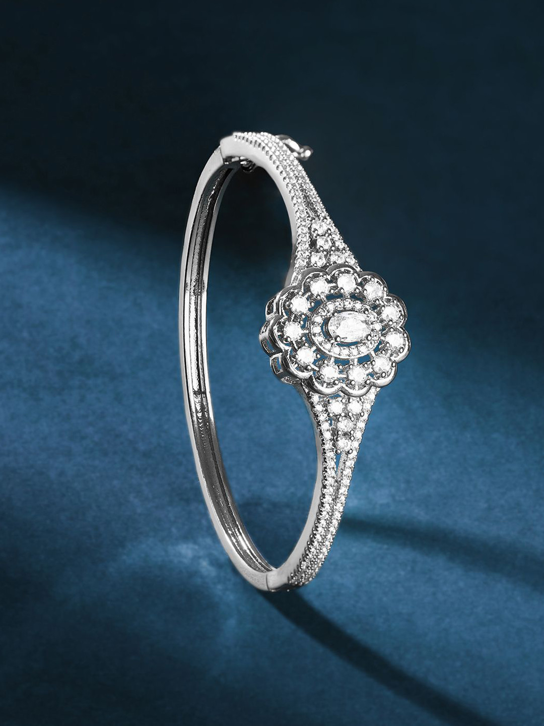 TEEJH Indira Illumination Women Silver-Plated CZ-Studded Oxidised Bangle-Style Bracelet