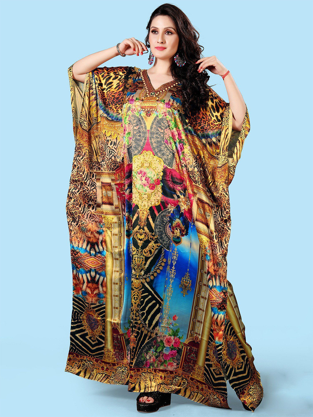 Exotic India Satin Floor Length Stone Work Kaftan with Printed Multicolor Motifs
