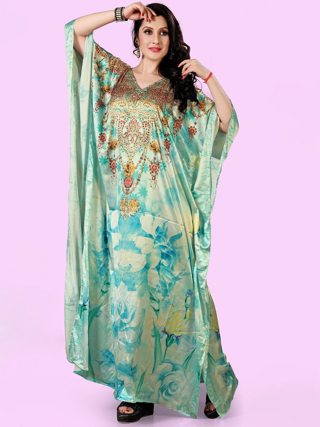 Exotic India Women Beach-Grass Satin Stone Work Long Kaftan with Printed Flowers
