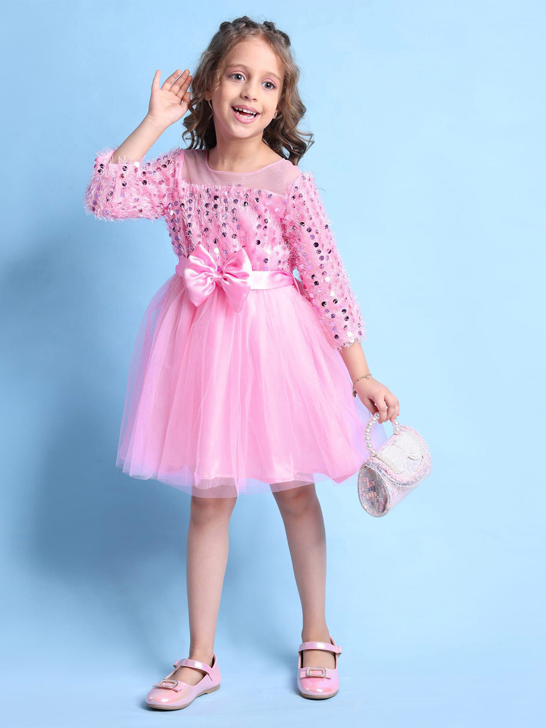 Hola Bonita Girl's Self Design Trim Fit and Flare Knee Length Dress Comes With a Belt