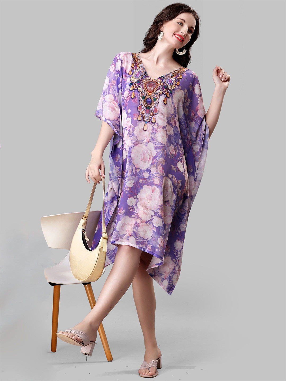 Exotic India Dahlia-Purple Georgette Short Kaftan with Floral Print