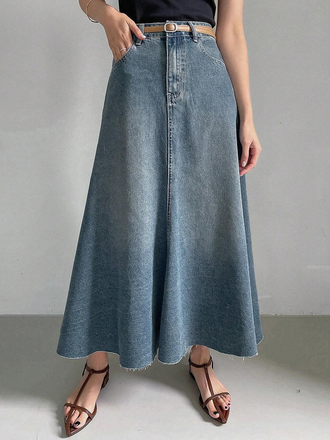 LERIYA FASHION Front Slit Denim A-Line Maxi Skirt