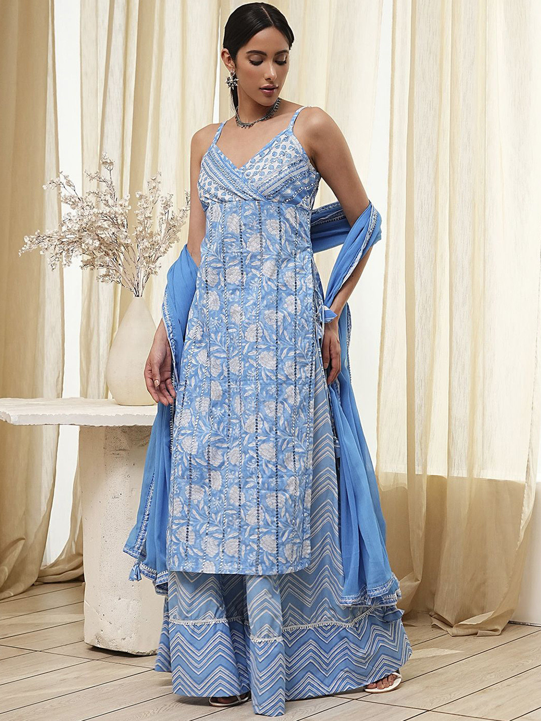 Biba Floral Embroidered Mirror Work Pure Cotton Straight Kurta With Palazzos & Dupatta