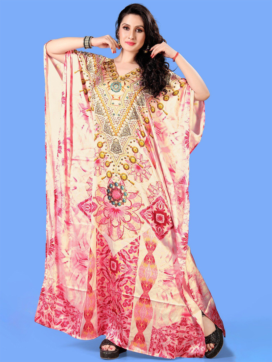 Exotic India Parfait Pink V-Neck Printed Long Kaftan Dress