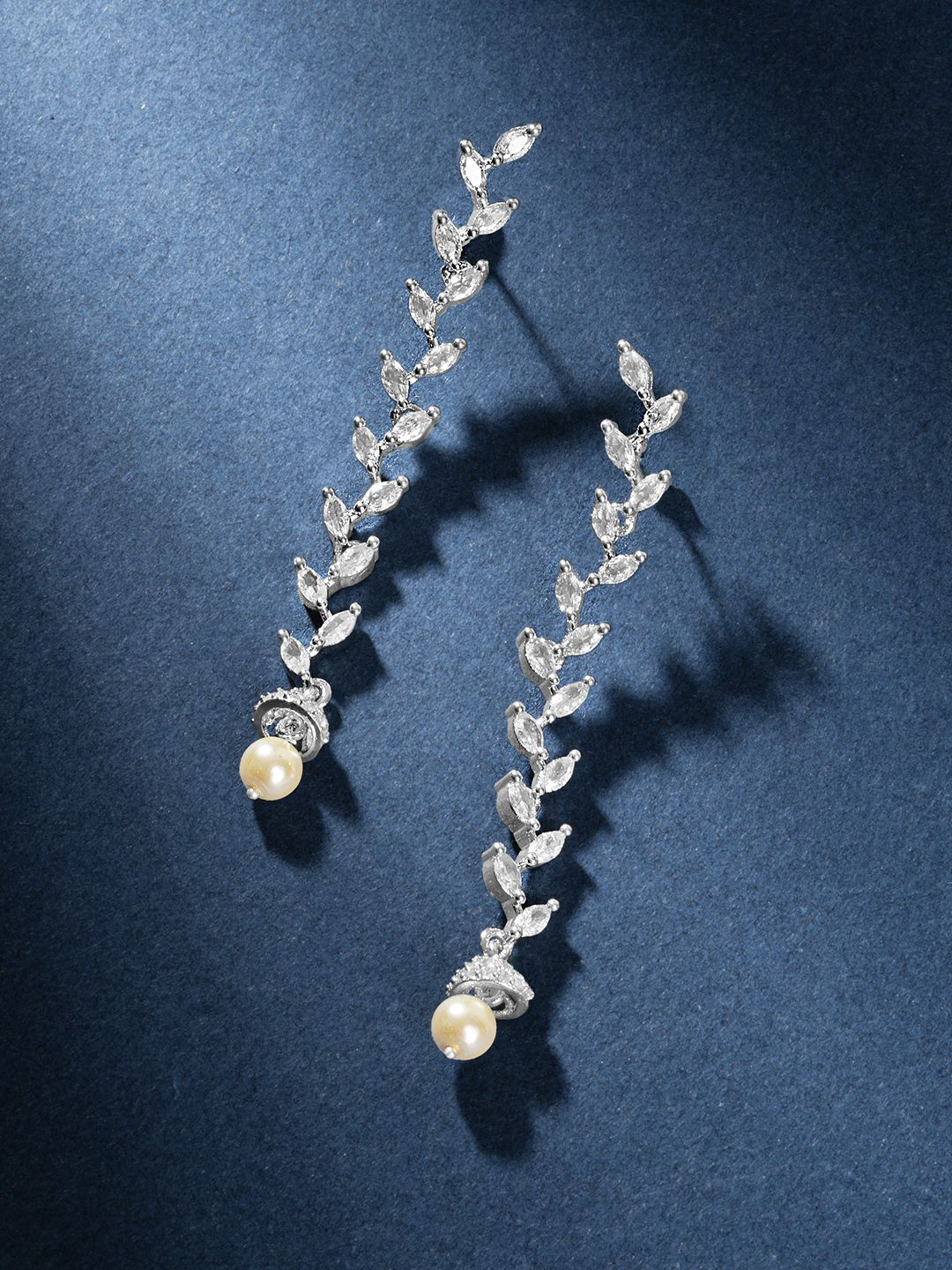 TEEJH Shimmera Silver-Plated Cubic Zirconia Studded Oxidised Drop Earrings