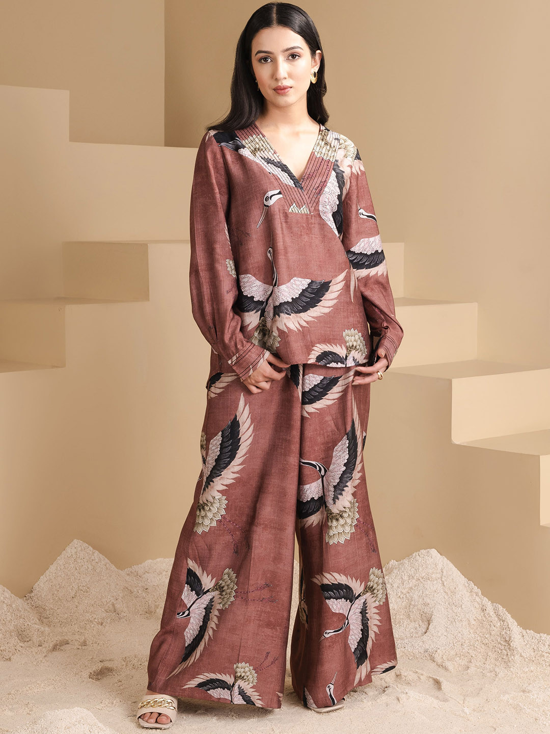 WoowZerz Birds Printed V-Neck Tunic With Palazzo
