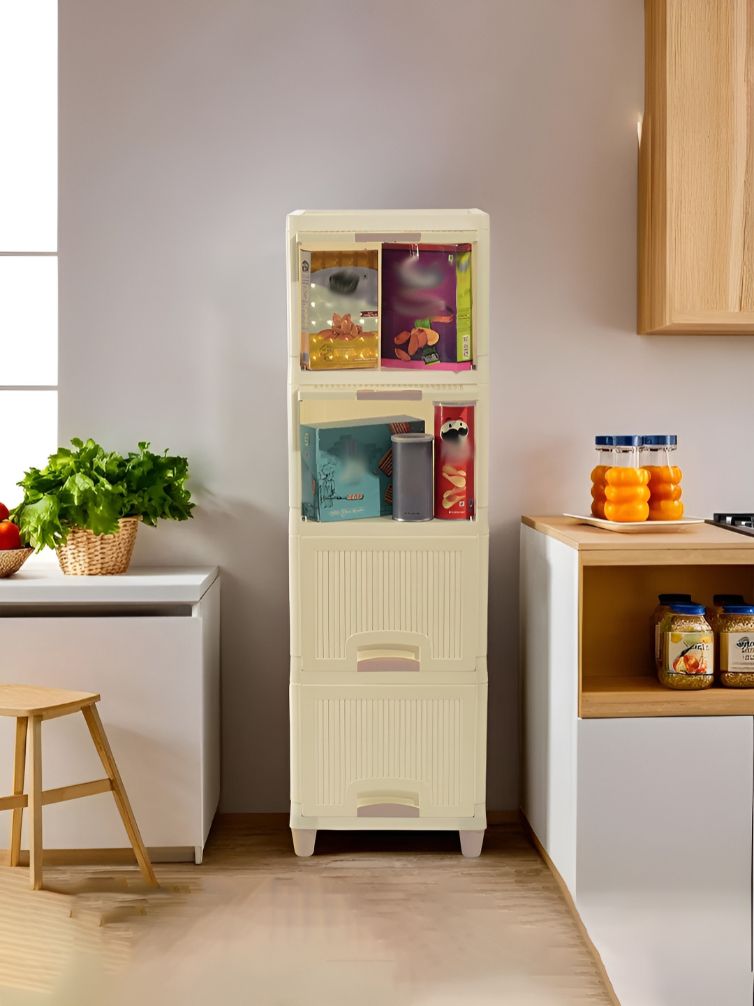 Aura Cream-Coloured 4 Unit Cabinet Storage Organizer Multipurpose Folding Storage Rack