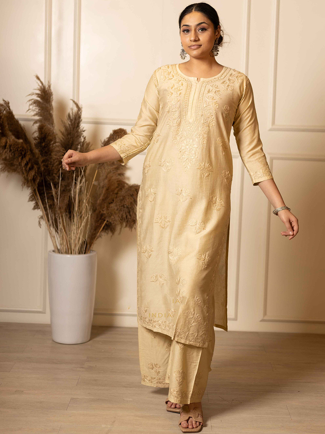GHARANA INDIA Chanderi Silk Embroidered Chikankari Kurta with Palazzo