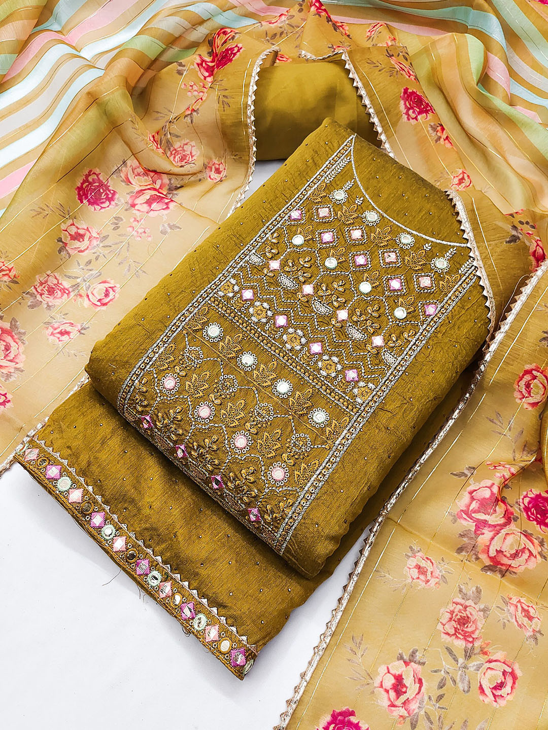 TAVAS Floral Embroidered Mirror Work Unstitched Dress Material