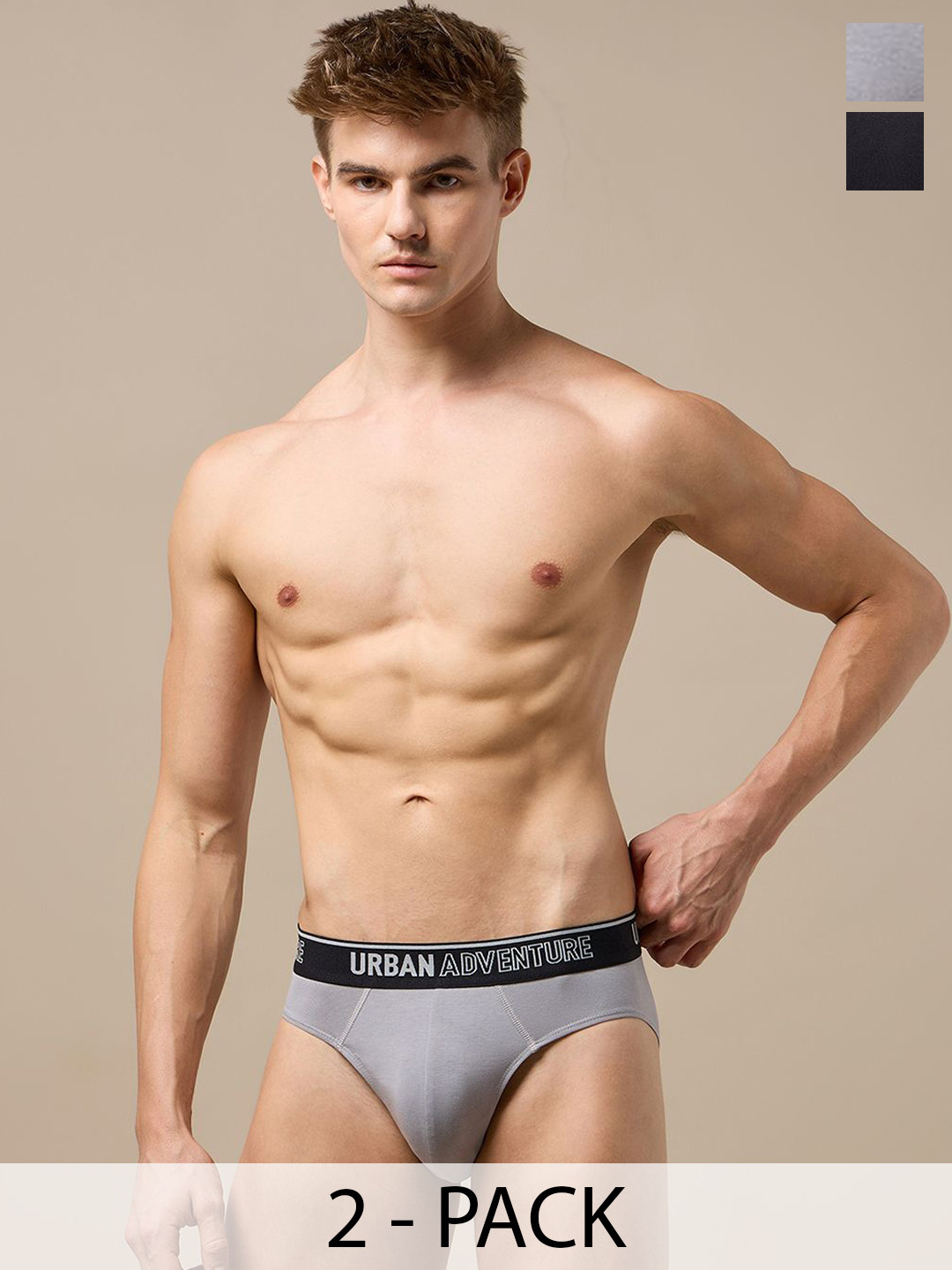 URBAN ADVENTURE Men Pack Of 2 Anti Bacterial Basic Briefs 2UAM-002(BLACK-LIGHT GREY)