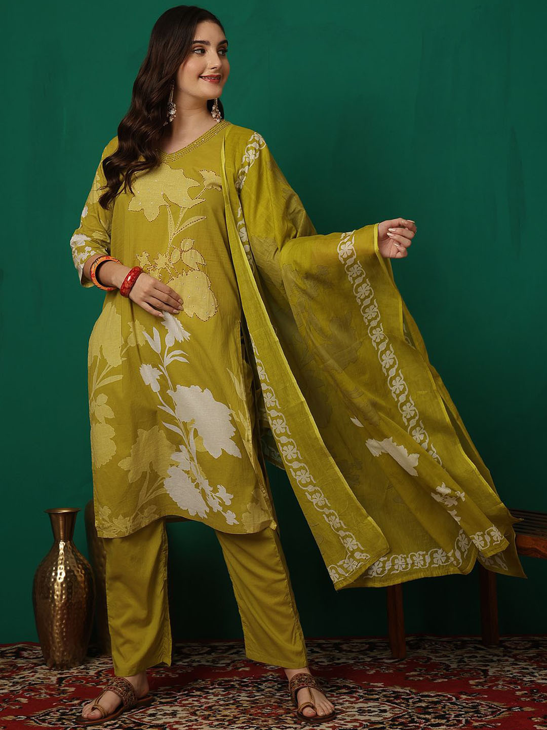 Sangria Printed & Patch Work 100% Cotton Kurta & Trouser With Dupatta