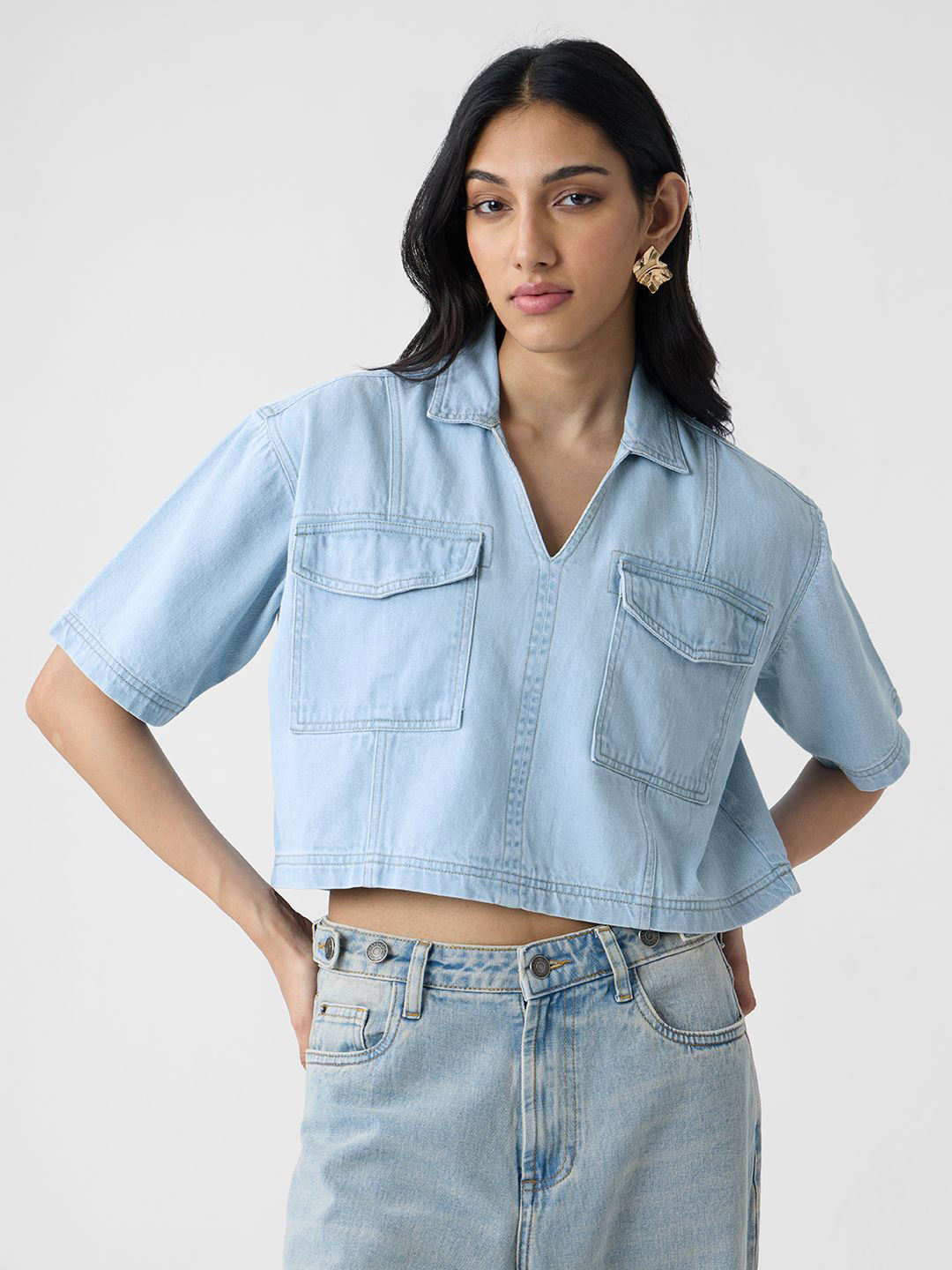 The Souled Store Women Mid Blue Denim Shirt