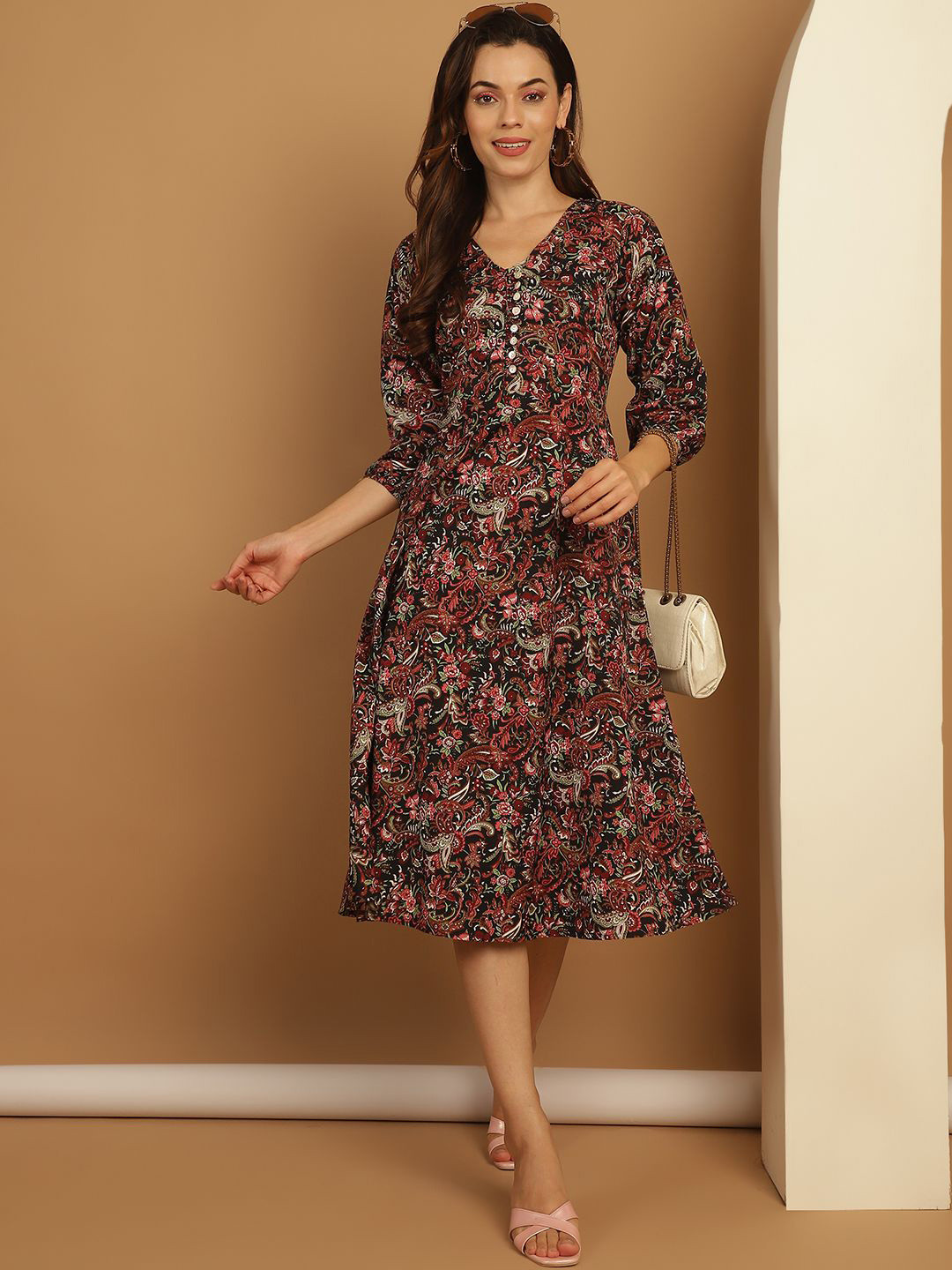 Indian Needle Floral Printed Puff Sleeves Crepe A-Line Dress