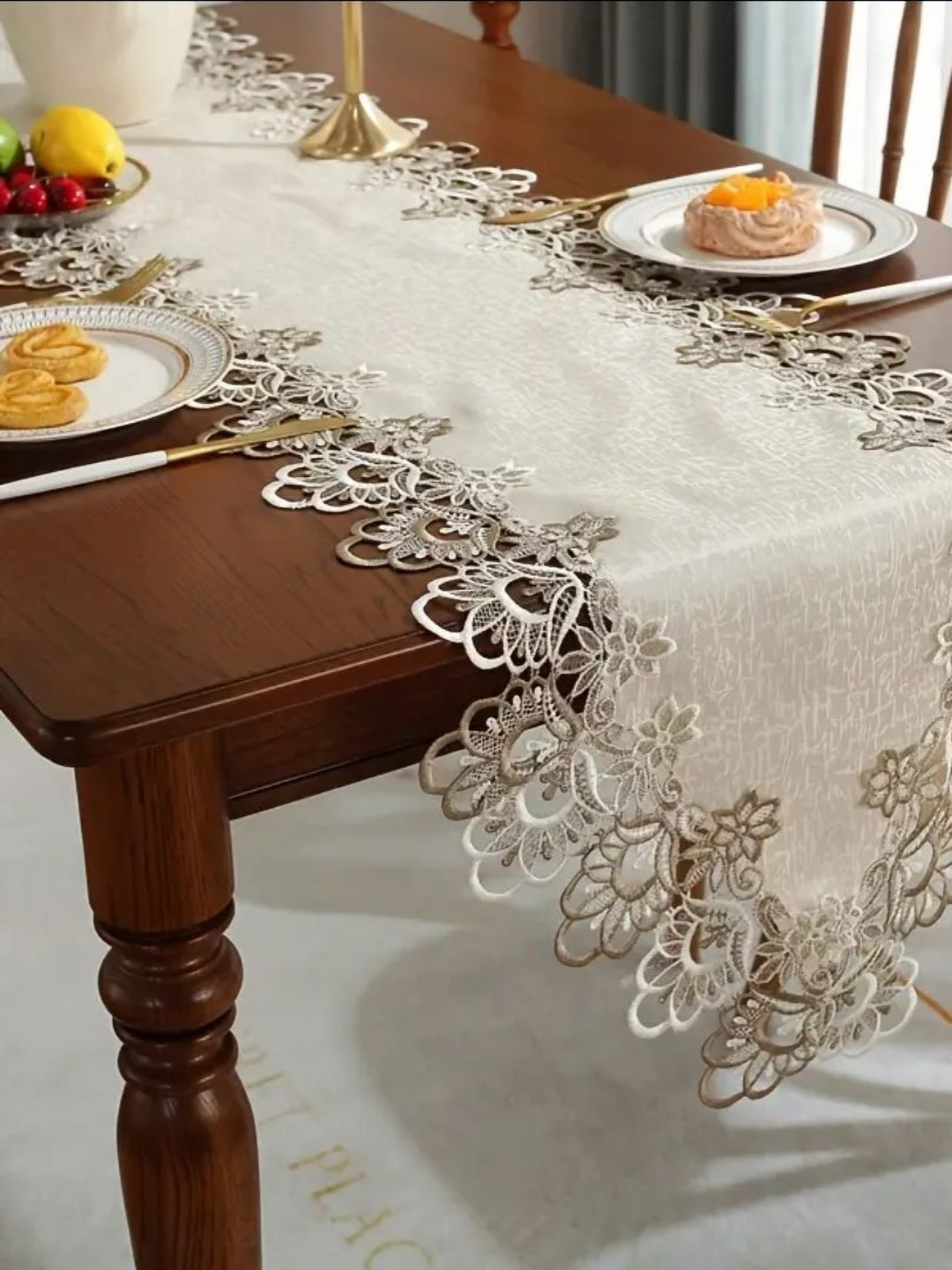 MONKDECOR Cream & Grey Floral Lace Design Table Runner