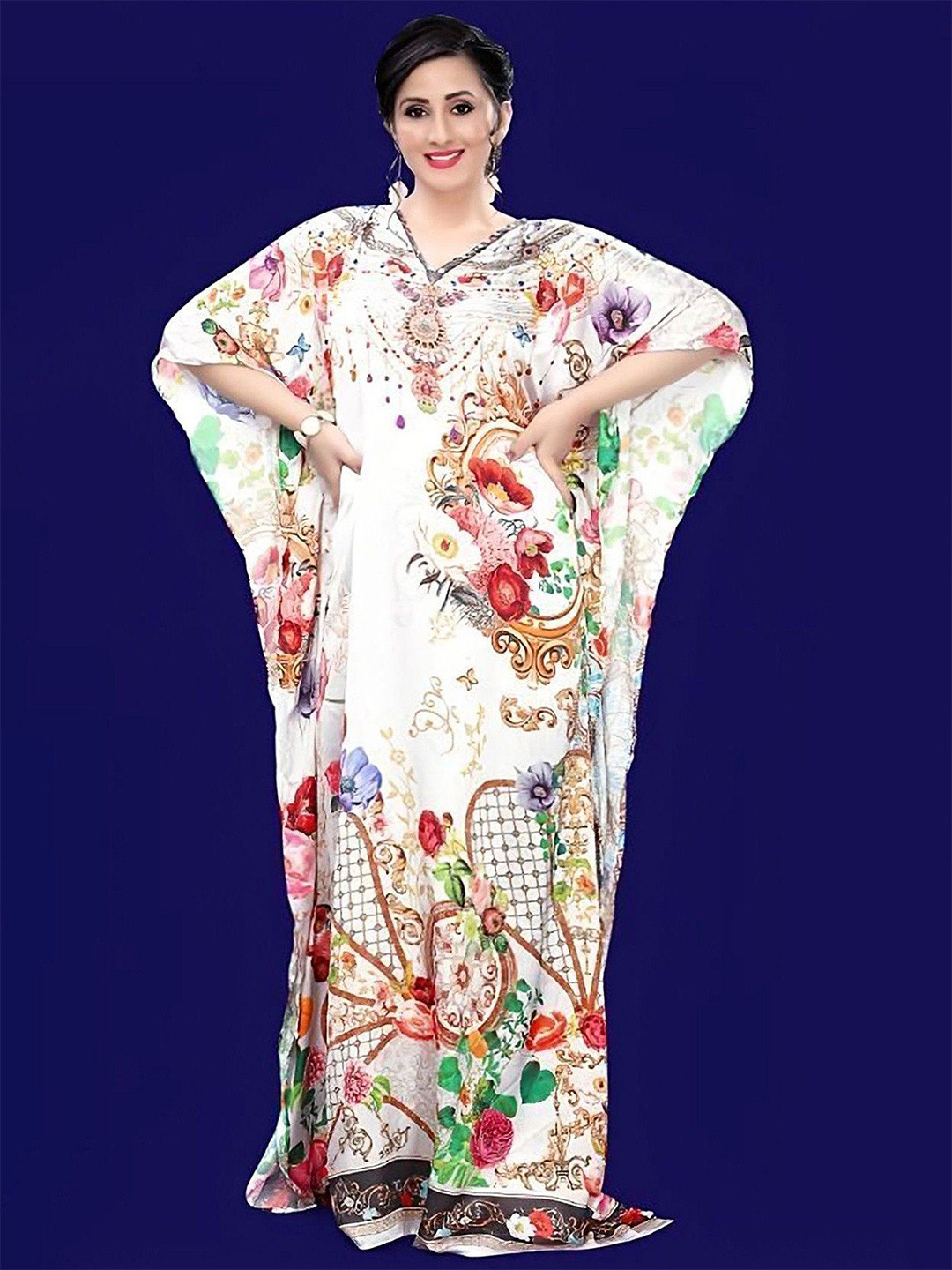 Exotic India Women Arctic-Woll V-Neck Printed Long Kaftan with Studded Stones Dress