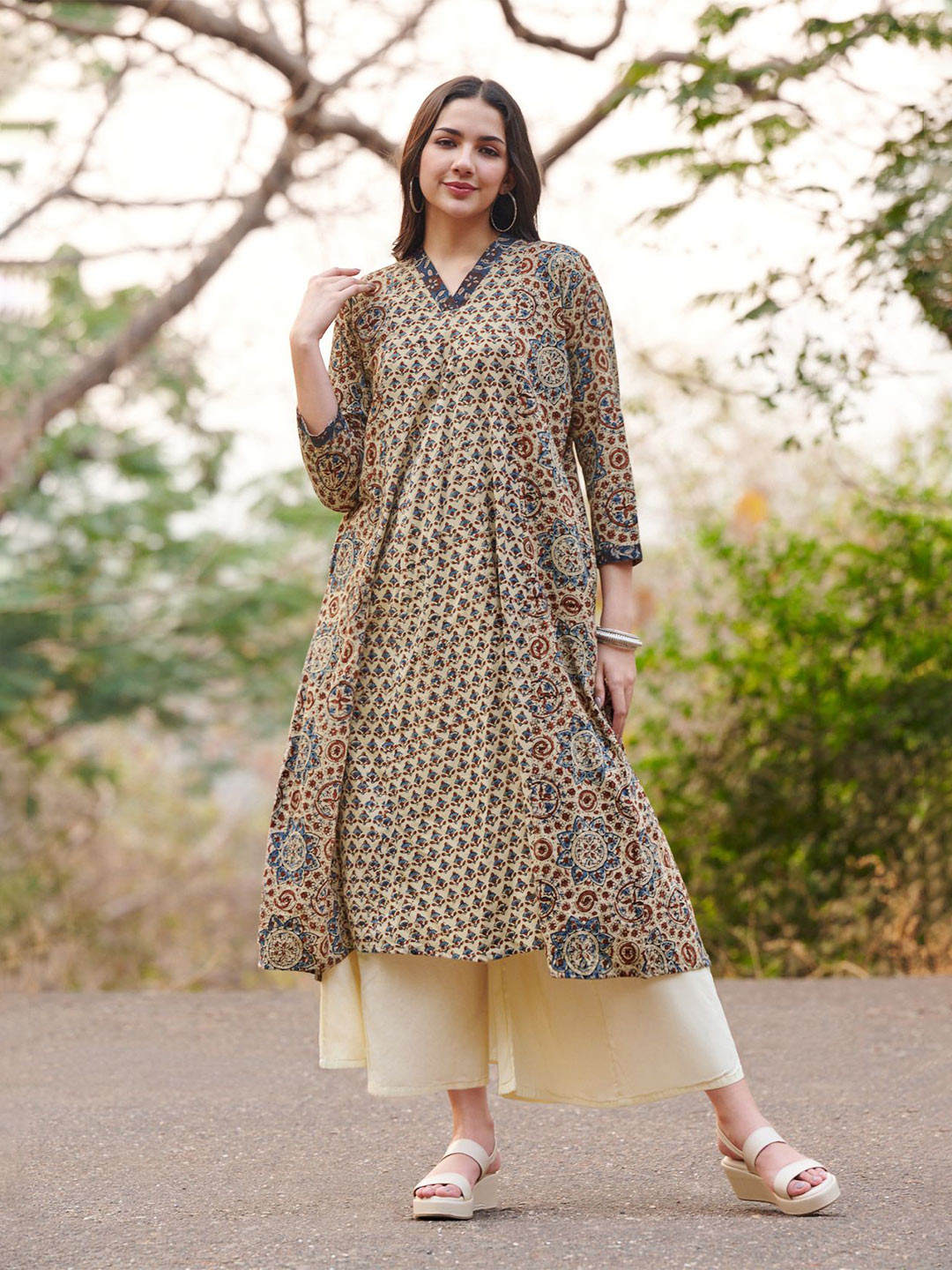 SALWAR STUDIO Classic Hand Block Printed Ajrakh Pure Cotton A Line Oversized Kurta