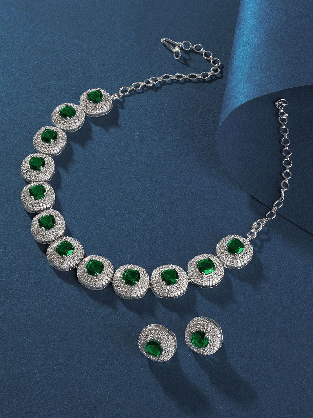 TEEJH Celeste Silver Plated Cubic Zirconia Stone Studded Jewellery Set