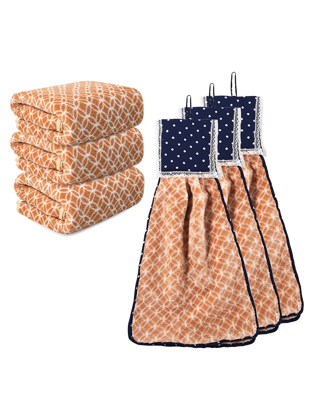 Kuber Industries Brown & White 6 Pieces Printed Microfiber Towels & Wash Basin Napkin Set