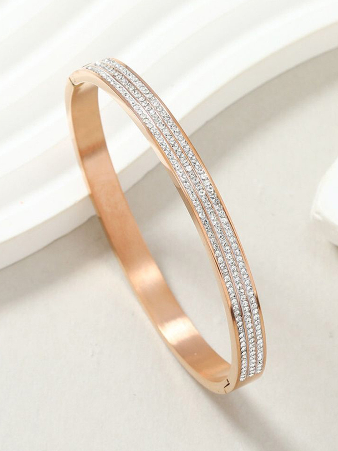 MYKI Stainless Steel Gold-Plated Artificial Stones Studded Bangle-Style Bracelet