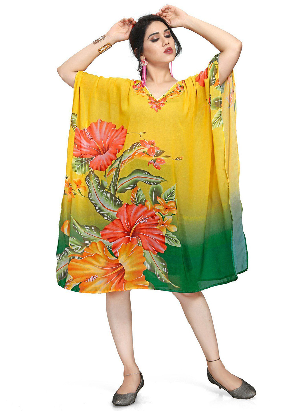 Exotic India Floral Print Georgette Short Kaftan with Printed Hibiscus Flowers