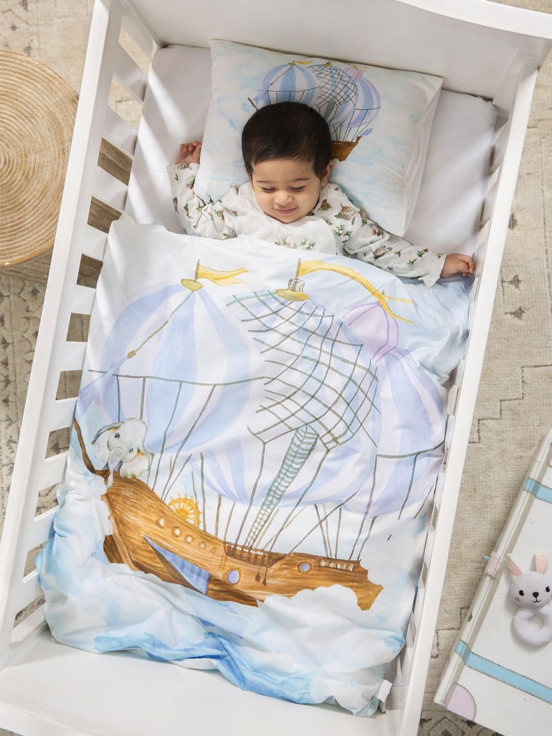 THE BABY TRUNK Infant White & Blue Cotton Ele's Expedition Egyptian Baby Bed Sets