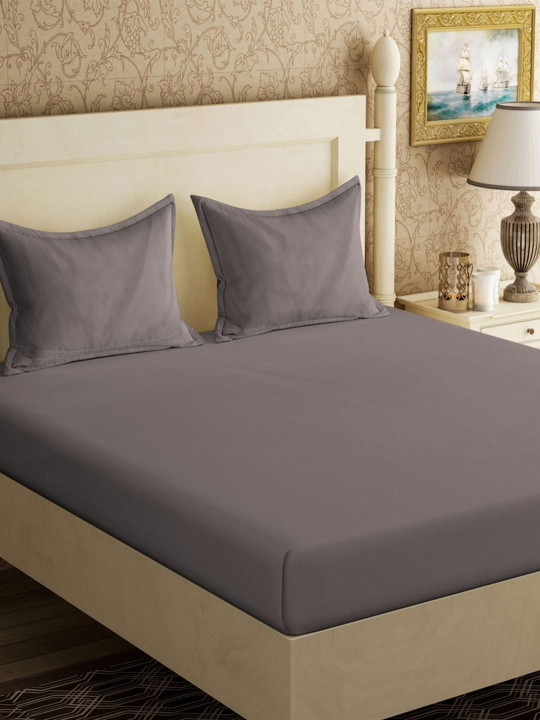 Myntra Elegant Homes Grey Solid Flat 300 TC King Bedsheet With 2 Pillow Cover